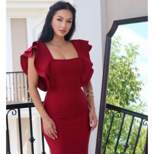 Rochie de ocazie midi burgund cu volane